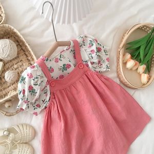 韩系女童两件套背带裙碎花泡泡袖衬衫夏季洋气宝宝背心裙连衣裙子