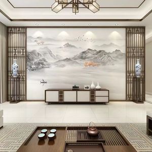 新中式客厅电视背景墙山水水墨画护墙板沙发竹木纤维集成环保墙板