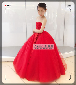 2018夏新款红色儿童婚纱礼服裙 抹胸齐地公主裙 女童主持人演出服
