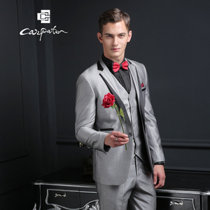 新郎西服套装男结婚修身韩版亮面银色晚礼服婚礼西装男套装三件套