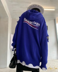 balenciaga巴黎世家21fw可乐字母提花破洞假两件连帽针织毛衣男女
