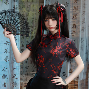 中华娘旗袍cos套装新中式改良黑色红色深蓝小厨娘女仆围裙连衣裙
