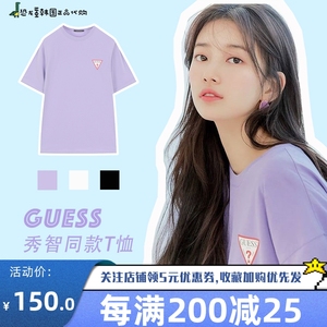 韩国正品代购GUESS秀智同款紫色短袖T恤20新款夏男女圆领NK2K0347