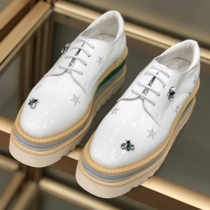 欧洲站真皮水钻松糕鞋女英伦风小蜜蜂百搭星星鞋漆皮厚底休闲单鞋