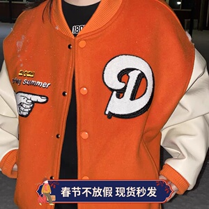 潮牌fff马思唯同款联名afgk 2021秋冬橙色羊毛呢男女同款棒球夹克