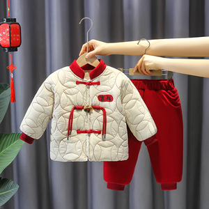 男童汉服冬装宝宝过年拜年衣服唐装中小童喜庆红色加绒加厚两件套