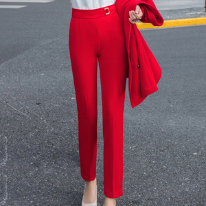 本命年红色裤子女春秋休闲休闲裤女显瘦时尚百搭松紧腰九分裤小脚