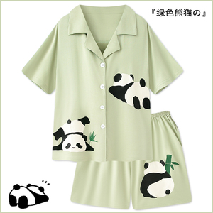 『呆萌熊猫』卡通纯棉睡衣男女夏季可外穿夏天短袖套装情侣家居服