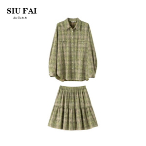 SIU FAI 2024S/S 时髦新款全棉绿格纹衬衫短裙套装女两件套上衣