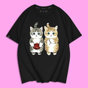 ins港风潮牌猫咪图案衣服可爱呆萌趣味猫猫情侣装男女夏季短袖t恤
