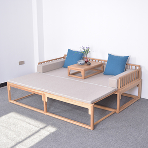 老榆木推拉罗汉床新中式实木推拉床黑胡桃小户型伸缩抽拉式沙发床