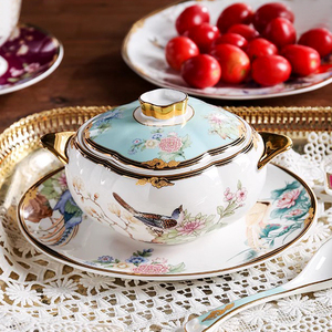 中式家用陶瓷炖盅带盖燕窝碗酒店隔水甜品盅描金骨瓷蒸煮位上汤盅