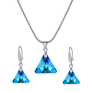 ebay新款项链 奥地利水晶耳环套装蓝色三角形锁骨链 现货出口