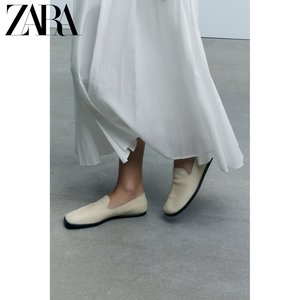 ZARA春季新品 女鞋 气质淡米色方头平底皮鞋休闲单鞋 1542310 002