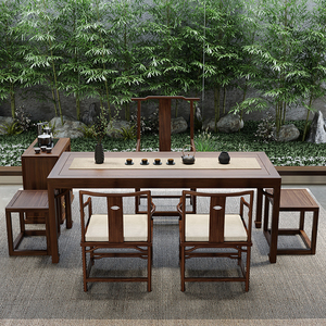 茶室新中式榆木茶桌椅组合喝茶桌椅禅意茶台一桌五椅老榆木泡茶桌