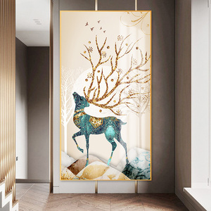 玄关客厅装饰画北欧金色麋鹿晶瓷画沙发背景墙挂画入户过道墙壁画