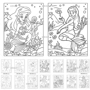 th03儿童手绘海底世界海洋美人鱼珊瑚线稿线描填色涂色矢量素材