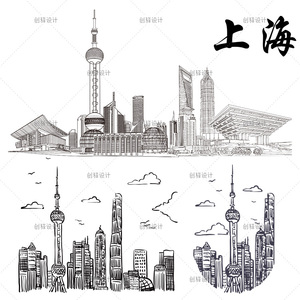 jz09黑白手绘线描线稿上海楼房建筑东方明珠png免抠矢量设计素材
