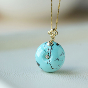 原矿髙瓷绿松石18k金钻石平安扣吊坠女