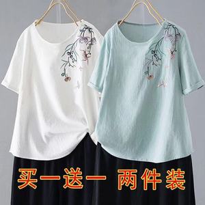 棉麻短袖t恤女2024夏季新款宽松复古刺绣文艺民族风两件装上衣女