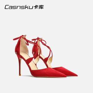 CASNSKU卡库 欧美风绑带包头凉鞋性感红色绒面高跟鞋尖头细跟新款