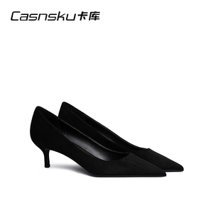 CASNSKU/卡库2024年新款高跟鞋女低跟黑色春上班绒面尖头浅口单鞋