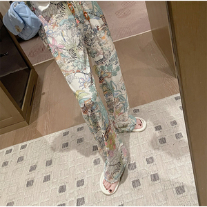 老虎印花松紧腰休闲阔腿裤女时髦垂感拖地长裤子梦特莲娜内衣348