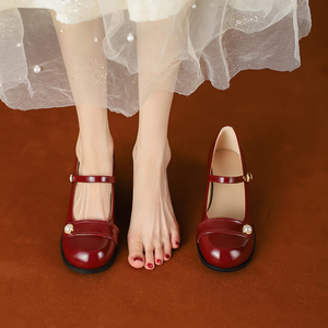 真皮玛丽珍鞋女粗跟法式珍珠酒红色订婚鞋秀禾旗袍领证婚鞋新年鞋