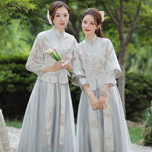 中式伴娘服女2024新款冬季国风婚礼礼服小个子长袖平时可穿姐妹团