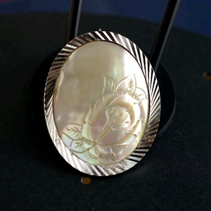 古董vintage首饰天然白蝶贝贝母贝雕cameo卡梅奥七彩玫瑰花朵胸针