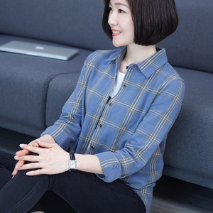 格子纯棉衬衫女士棉质妈妈全棉长袖衬衣韩货宽松韩版春季洋气上衣