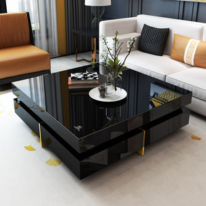 轻奢茶几电视柜组合后现代简约客厅家用大户型正方形钢化玻璃黑色