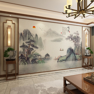 中式山水情简约意境水墨大气壁画电视背景墙客厅墙布卧室沙发壁布