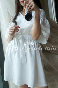 白茶 版型真是绝了 新中式亚麻连衣裙 短袖 紫沐风尚 娇阳c