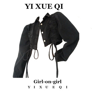YIXQ美式风春秋款复古千禧辣妹抽绳设计短款露脐水洗牛仔布短外套