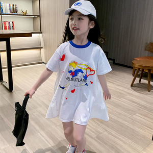 女童连衣裙2024新款夏装韩版卡通短袖T恤裙儿童宽松洋气夏裙子潮