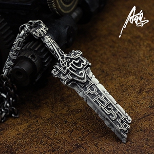 a鸦原创手工定制新品925银男中国古风饕餮纹理断剑轩辕剑吊坠项链