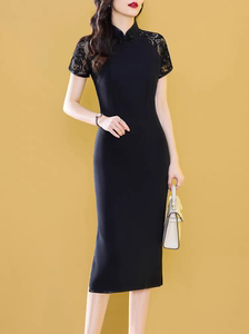 绝色时尚单品黑色蕾丝拼接旗袍领改良版连衣裙女夏季2024年新款