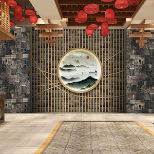 新中式仿古建筑背景墙纸中国风直播古风古典酒店前台复古砖块壁纸