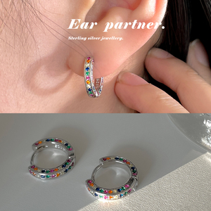耳钉高级感耳扣女纯银耳圈925银耳环小众设计感彩色锆石男士耳饰