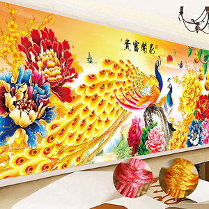 花开富贵十字绣线绣2020新款绣百鸟朝凤牡丹花客厅简单满绣孔雀图