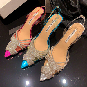 kmeizu水晶透明鞋女尖头细跟果冻色凉鞋水钻性感宴会女神范高跟鞋