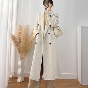 米白色双面羊绒大衣女2024年新款中长款h型正肩小个子毛呢外套厚