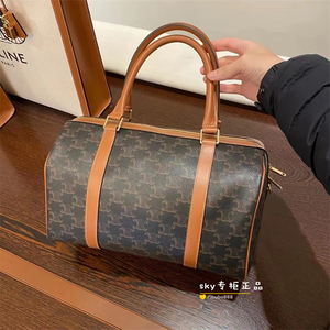 代购celine/赛琳 triomphe波士顿枕头包复古老花帆布拼皮手提包女