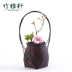 竹编插花器做旧复古手提花篮中日式花道竹篮工艺品家居摆设z-177
