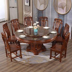 全实木仿古餐桌椅组合转盘家用橡木大圆餐桌雕花圆形中式桌带玻璃