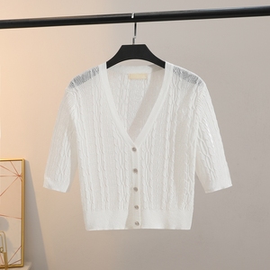 雅蒂针织冰丝五分袖T恤女夏季针织白色小开衫纯色温柔风外搭披肩