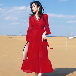 大红色连衣裙女三亚海边渡假沙滩裙云南大理旅游穿搭红裙拍照长裙