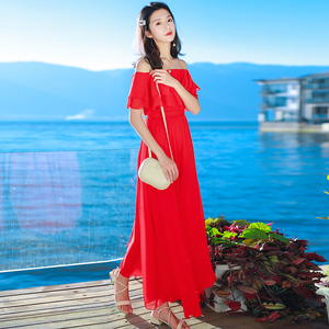 2019新款夏红色雪纺连衣裙一字肩裙子仙女长裙泰国海边度假沙滩裙