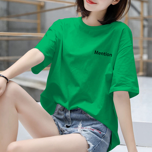 韩国宽松纯棉短袖t恤女中长款2024夏季新款欧货绿色字母上衣ins潮